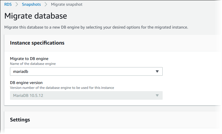 Die Seite Datenbank migrieren für die Migration von MySQL zu MariaDB in der Amazon-RDS-Konsole.
