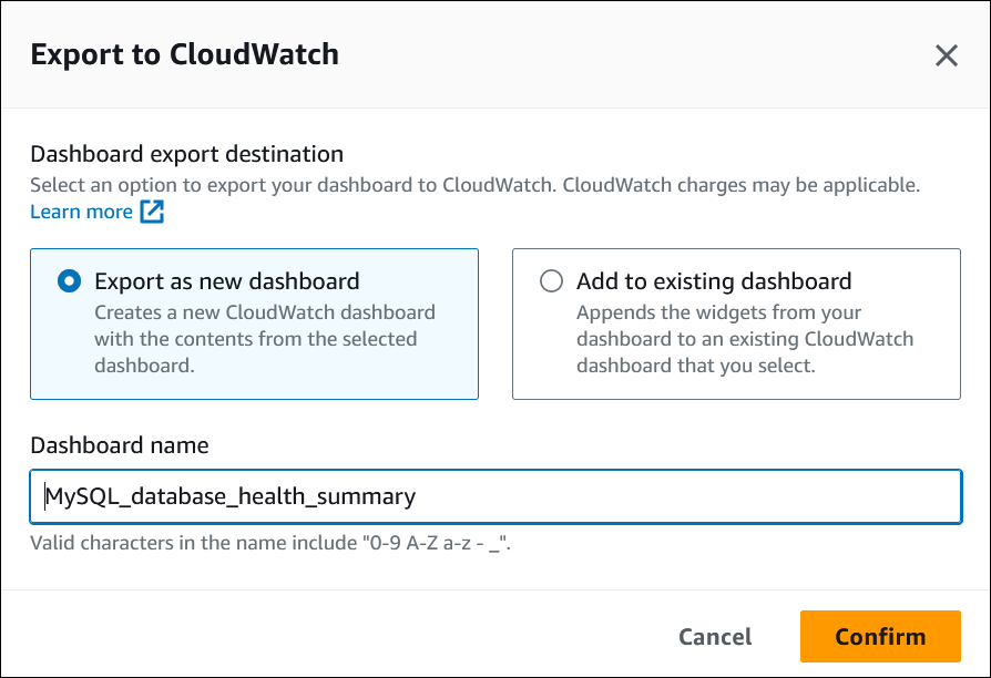 In ein CloudWatch Fenster exportieren, wobei die Option Als neues Dashboard exportieren ausgewählt ist.