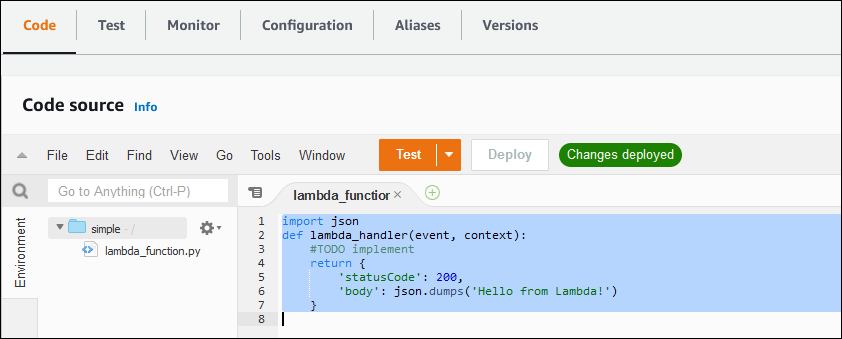 Beispiel für eine Lambda-Funktion, die im AWS CLI for AWS Lambda gezeigt wird.