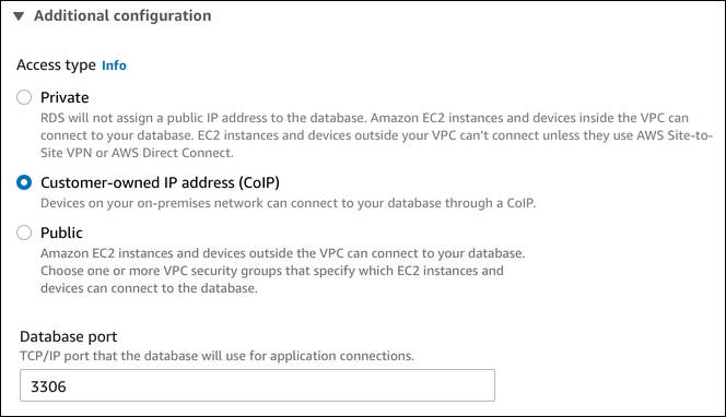 Die Einstellung für die Customer-owned IP-Adresse (CoIP) in der. AWS-Managementkonsole