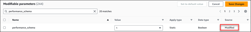 Zeigt, dass die Einstellungen für den Parameter performance_schema modifiziert wurden.