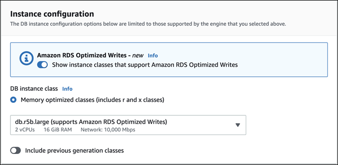 Der Abschnitt Instance-Konfiguration, in dem der Filter Amazon RDS Optimized Writes für die DB-Instance-Klasse aktiviert ist.