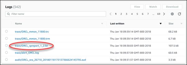 Zeigt eine Liste der Oracle-Protokolldateien in der RDS-Konsole an. Die folgende Trace-Datei ist eingekreist: trace/ORCL_spreport_1_2.lst