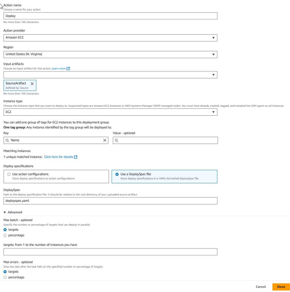 Die Aktionsseite „Bearbeiten“ für eine neue Pipeline mit der Aktionsoption EC2Deploy zur Verwendung einer Spezifikationsdatei