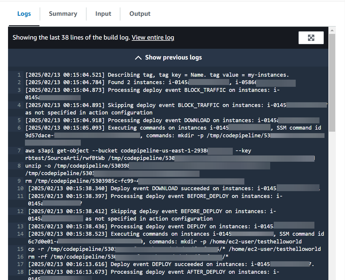 Sehen Sie sich die Protokolle für die Amazon EC2-Bereitstellungsaktion in Ihrer Pipeline an.