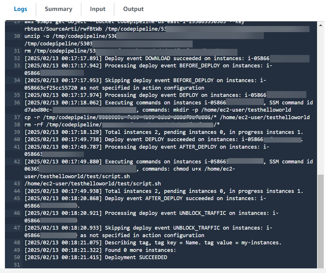 Sehen Sie sich die zweite Seite mit Protokollen für die Amazon EC2-Bereitstellungsaktion in Ihrer Pipeline an.