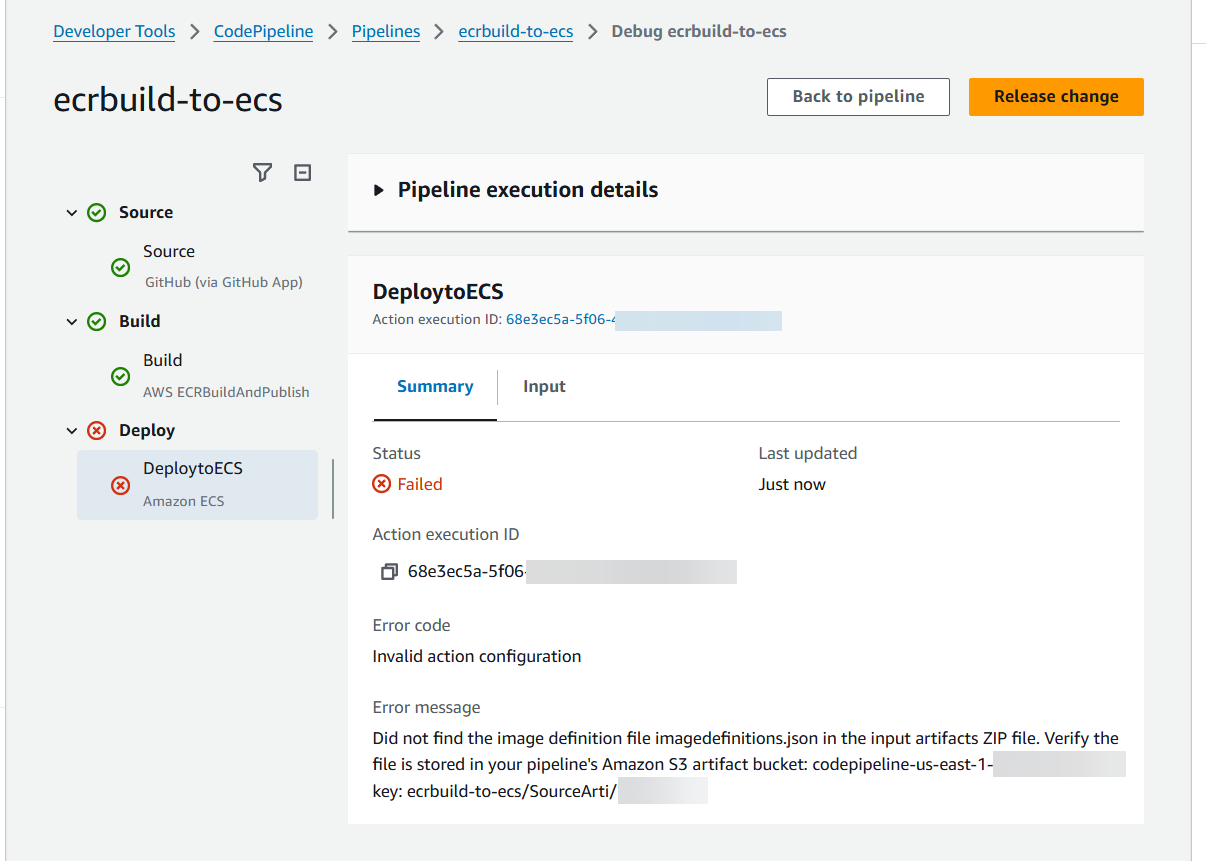 Sehen Sie sich die Protokolle für die Amazon ECR-Build-Aktion in Ihrer Pipeline an.