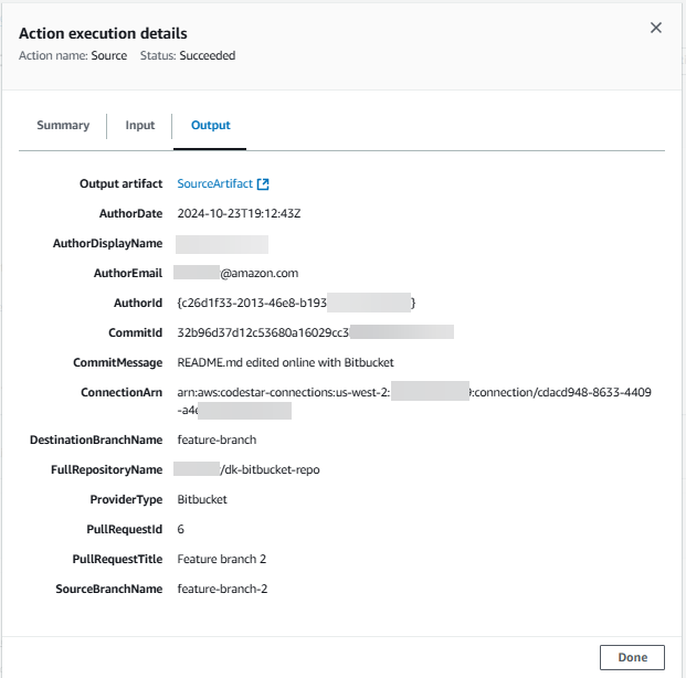 Ein Beispiel für eine Aktionsausgabeseite für eine Pipeline, die mit einem Trigger-Pull-Request-Filtertyp gestartet wurde