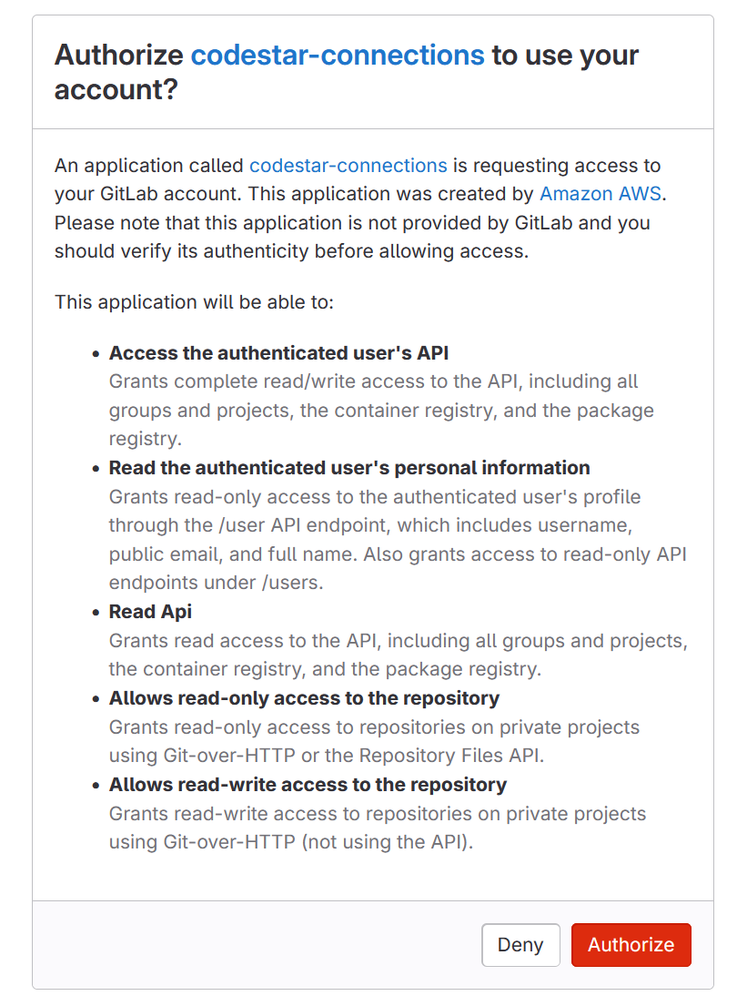 Screenshot, der die Meldung zeigt, dass Sie die Verbindung für Ihr GitLab.com Konto autorisieren müssen.