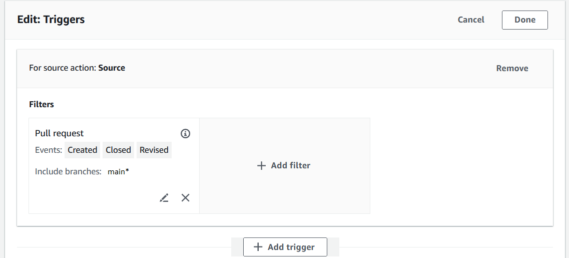 Das Bild zeigt die Option „Zweige einbeziehen“, die mit dem Wert von main* für einen Trigger mit dem Ereignistyp Pull-Request ausgewählt wurde