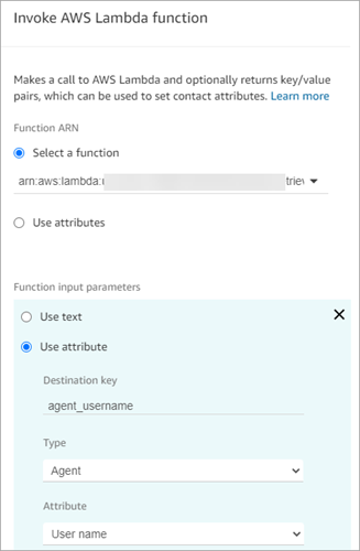 Die Seite „Eigenschaften“ des Blocks „AWS-Lambda-Funktion aufrufen“.