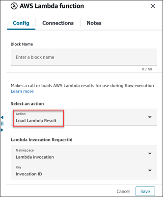 Die Aktion „Lambda-Ergebnis laden“ auf der Registerkarte „Konfiguration“. AWS Lambda