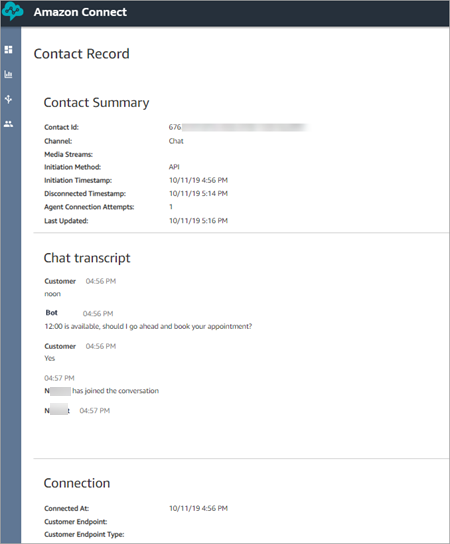 Die Kontaktdatensatzseite, ein Chat-Protokoll.
