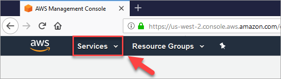 Die AWS Managementkonsole, das Dropdownmenü „Dienste“.