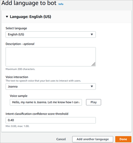 Auf der Seite „Sprache zum Bot hinzufügen“ ist das Dropdownmenü „Sprache auswählen“ auf Englisch eingestellt.