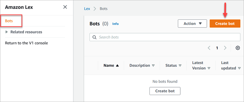 Die Amazon Lex-Konsole, die Bot-Seite, die Schaltfläche „Bot erstellen“.