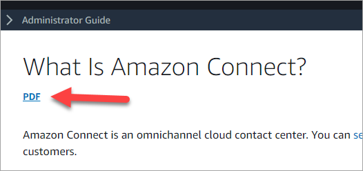 Eine Seite in der Connect-Kundendokumentation, der PDF-Link unter dem Titel der Seite.