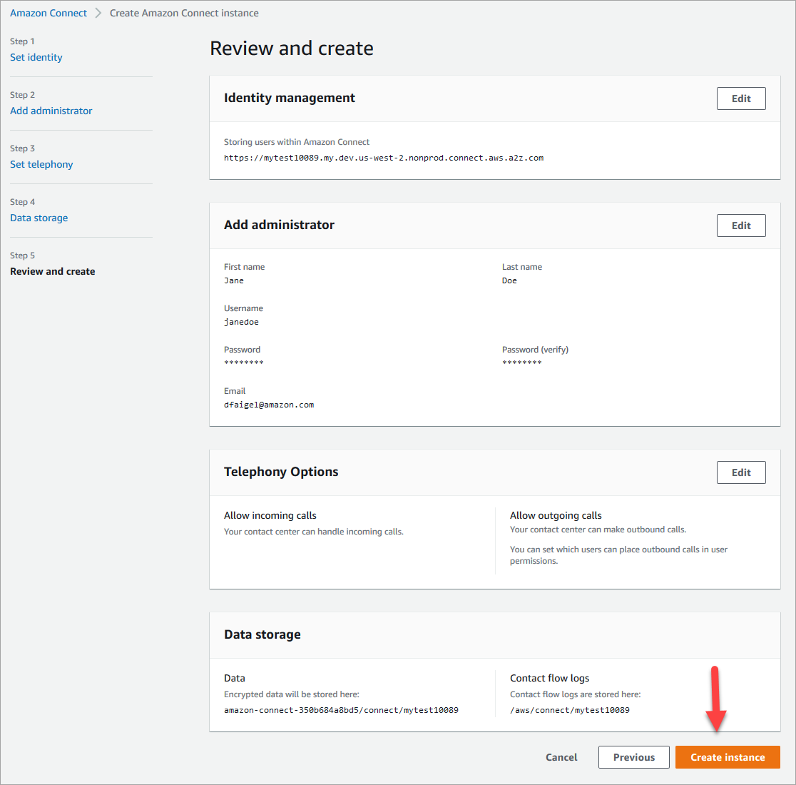 Wählen Sie auf der Seite Überprüfen und erstellen die Option Instance erstellen aus.