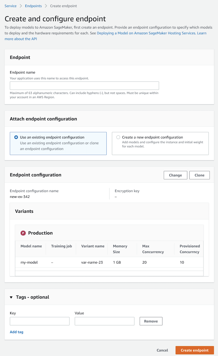 Screenshot der Seite „Endpunkt erstellen und konfigurieren“ in der Konsole.