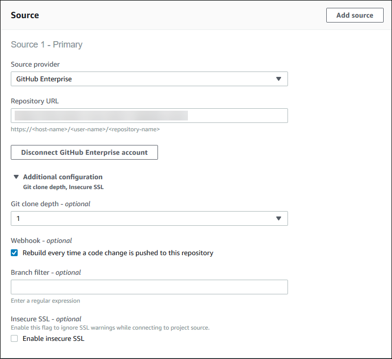 La configuración del repositorio de proyectos de GitHub Enterprise Server.