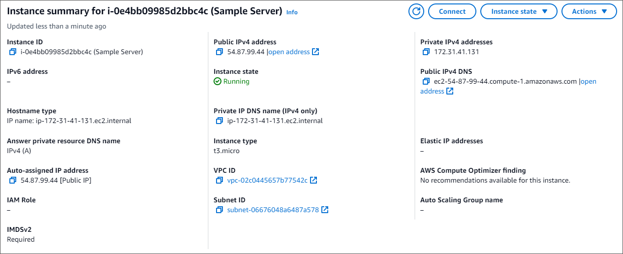 Resumen de instancias de una instancia de Amazon EC2. El botón Conectar se encuentra en la esquina superior derecha.