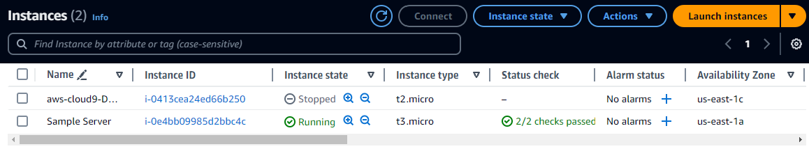 Tabla de instancias con una lista de dos instancias de la consola de Amazon EC2.