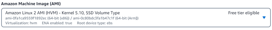 La interfaz Imágenes de aplicaciones y sistema operativo con la opción AMI de Amazon Linux 2 seleccionada en la sección Inicio rápido.