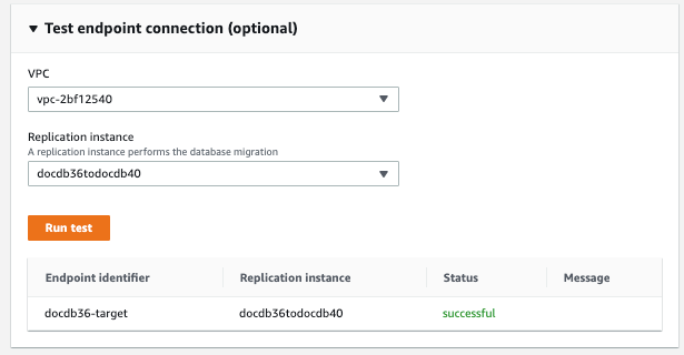 Imagen: cuadro de diálogo de prueba de conexión del punto final para el AWS DMS destino que muestra dos menús desplegables, un botón de prueba y una lista de las pruebas ejecutadas.