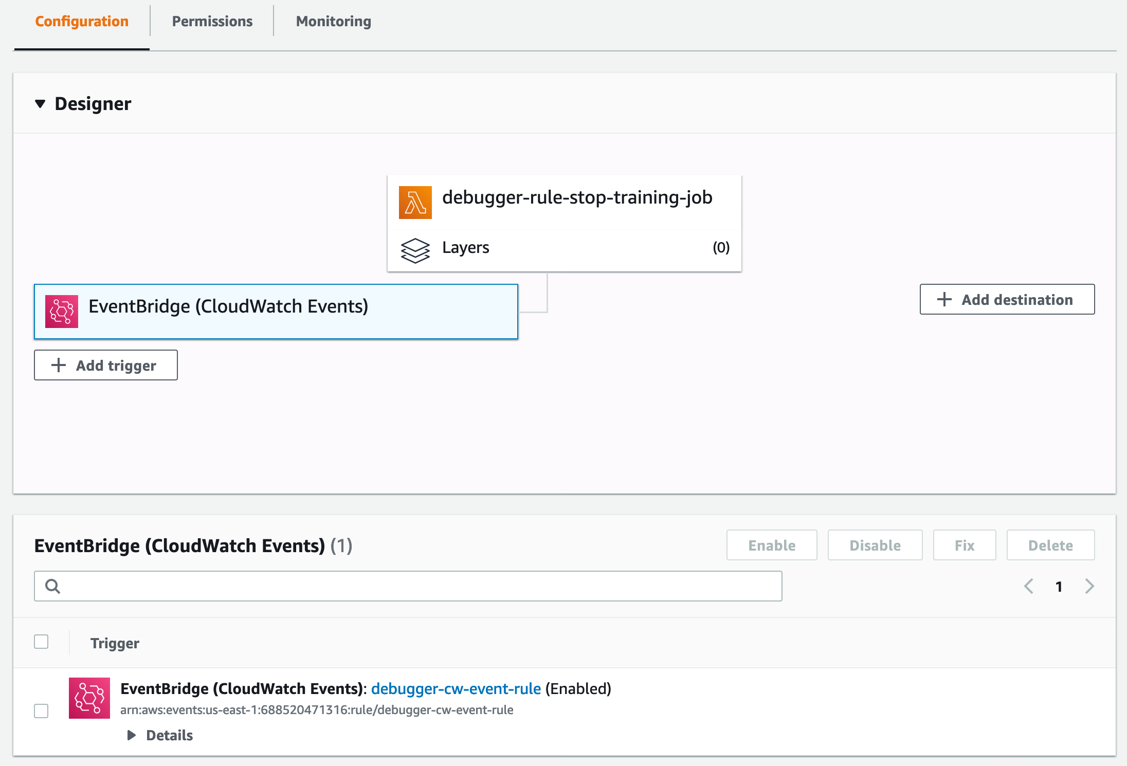 Panel de diseño para la CloudWatch configuración.