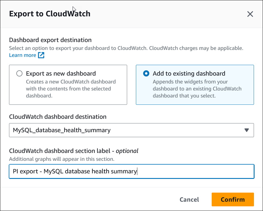 Exporter vers CloudWatch une fenêtre avec l'option d'ajout au tableau de bord existant sélectionnée.