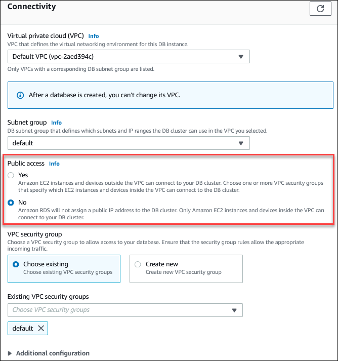 Définissez l’option Accès public pour votre base de données dans la section Configuration de connectivité supplémentaire sur Non.