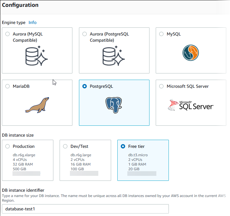 Page de création de base de données