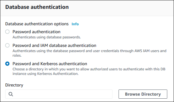 La section Authentification de base de données avec mot de passe et authentification Kerberos sélectionnée dans la console Amazon RDS.