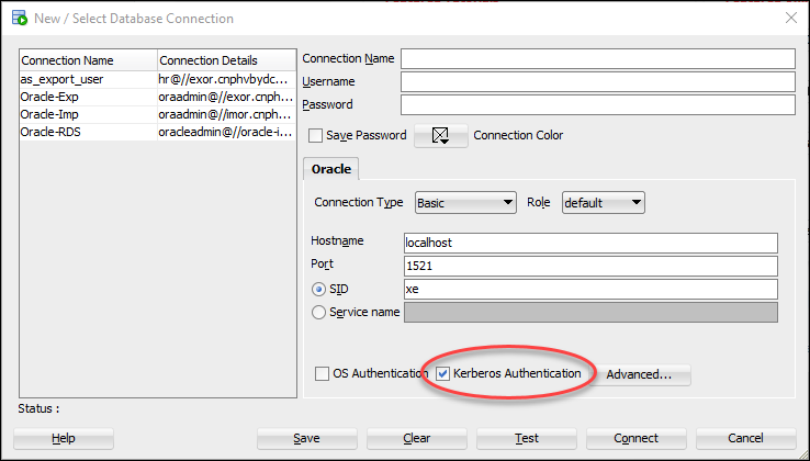 La boîte de dialogue de connexion à la base de données dans Oracle SQL Developer avec l'authentification Kerberos sélectionnée.
