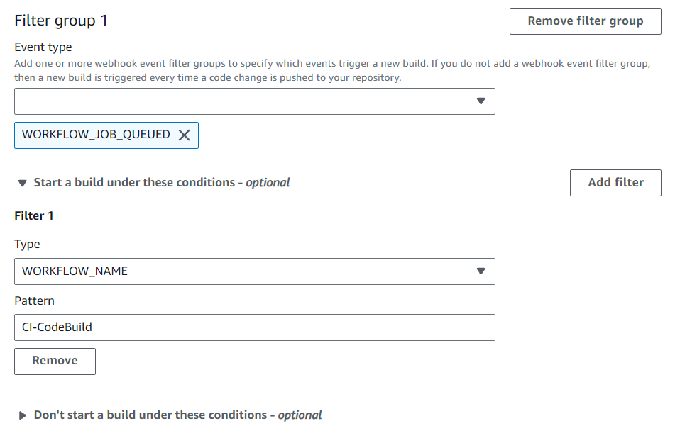 Grup filter webhook memicu build untuk nama alur kerja yang cocok dengan ekspresi reguler.