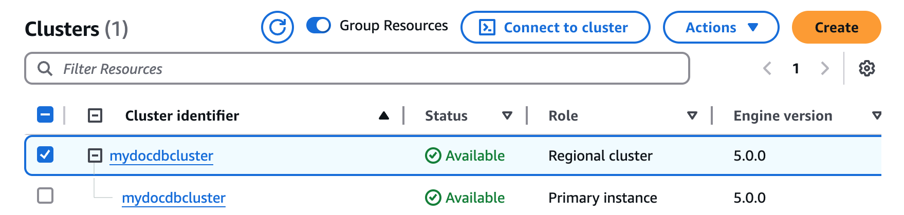 Antarmuka manajemen cluster Amazon DocumentDB menampilkan cluster regional dengan detail instans utama