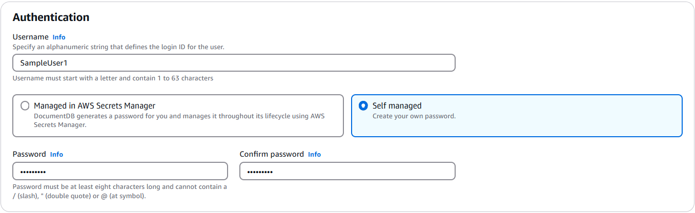 Pemilihan jenis otentikasi dengan AWS Secrets Manager opsi Terkelola disorot dan kedua jenis otentikasi dijelaskan.