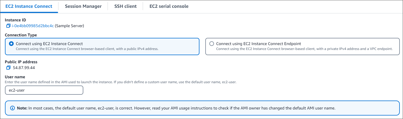 Antarmuka yang menunjukkan opsi konfigurasi untuk metode koneksi EC2 Instance Connect.