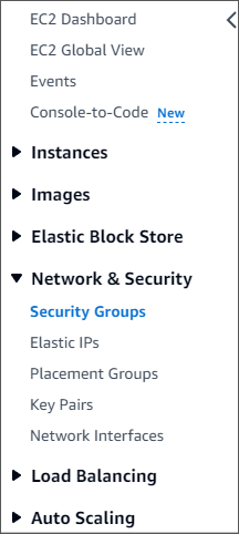 Panel navigasi konsol Amazon DocumentDB dengan opsi Grup Keamanan dipilih di dropdown Jaringan dan Keamanan.
