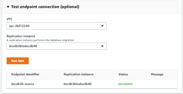 Gambar: Uji dialog koneksi titik akhir untuk AWS DMS sumber yang menunjukkan dua menu drop-down, tombol uji, dan daftar tes yang dijalankan.