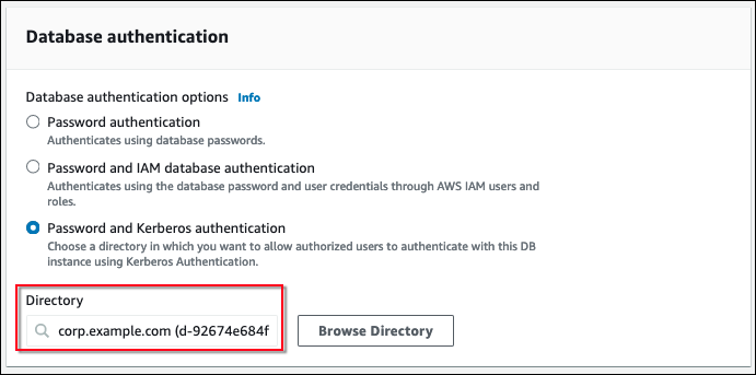 La sezione Autenticazione database con l’opzione Autenticazione di password e Kerberos selezionata nella console Amazon RDS.