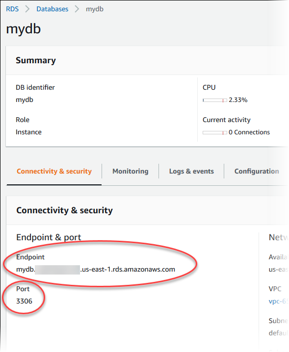 L’endpoint e la porta di un’istanza database nella console Amazon RDS.