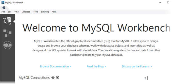 La schermata di benvenuto di MySQL Workbench.