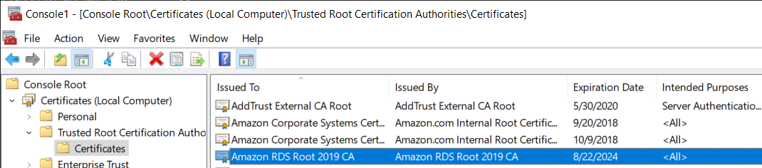 Lo snap-in MMC Certificates con la cartella Trusted Root Certification Authority selezionata.