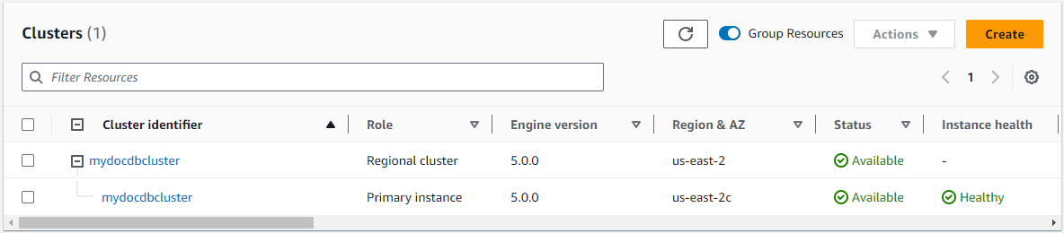 Elenco dei cluster Amazon DocumentDB che mostra un cluster regionale con i dettagli dell'istanza primaria.