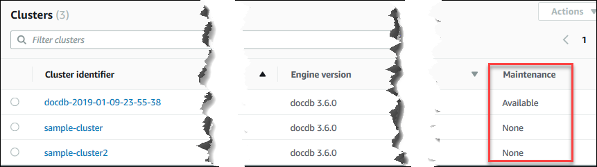 Screenshot della console che mostra il campo di manutenzione del cluster Amazon DocumentDB.