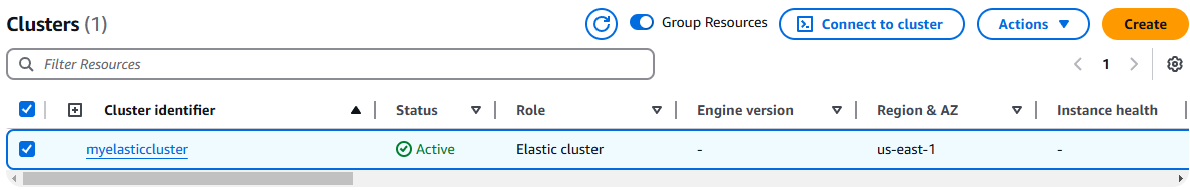 Interfaccia di gestione del cluster Amazon DocumentDB che mostra un cluster elastico