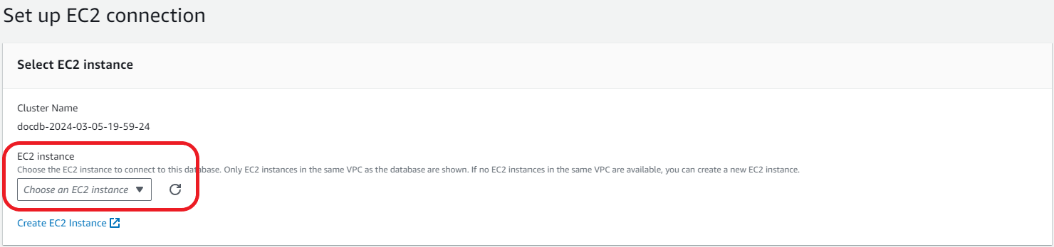 L'interfaccia di connessione Configura EC2 con l'elenco a discesa delle istanze EC2 evidenziato.