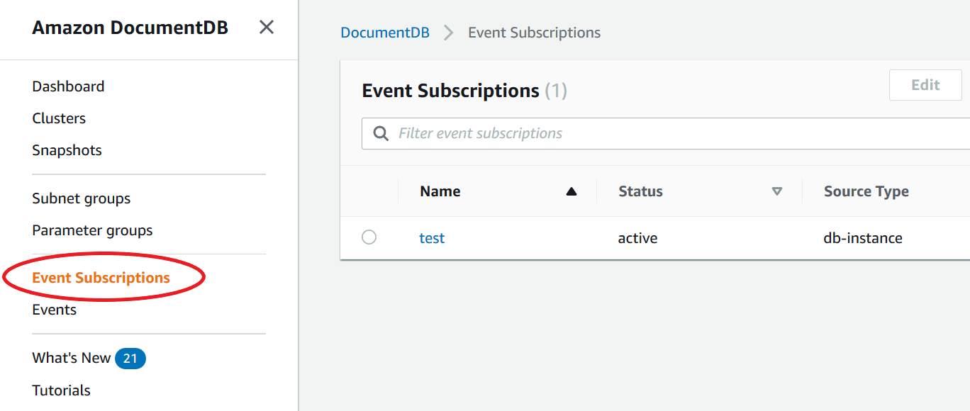 Pannello di navigazione della console Amazon DocumentDB con l'opzione Event Subscriptions evidenziata.