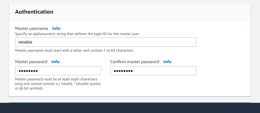 Modulo di autenticazione per specificare un nome utente e una password principali per un nuovo cluster Amazon DocumentDB.